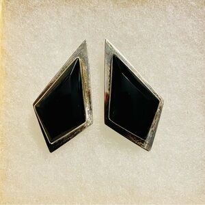 Vintage TAXCO silver Earrings black onyx large modernist style